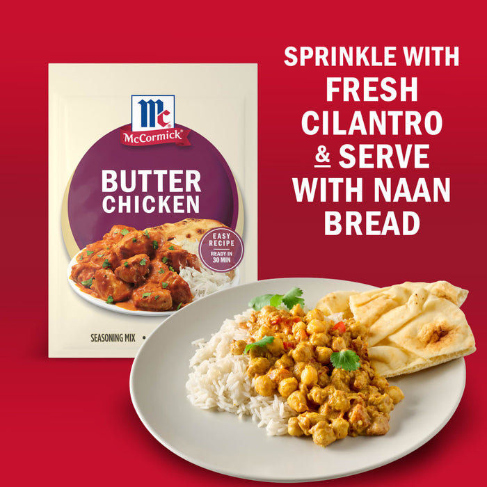 A McCormick Butter Chicken seasoning mix packet is displayed next to a plate of butter chicken with rice and naan bread.