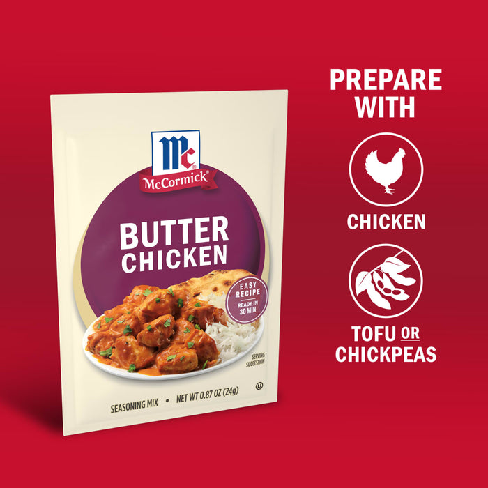 McCormick Butter Chicken seasoning mix is shown with suggested ingredients of chicken tofu or chickpeas.