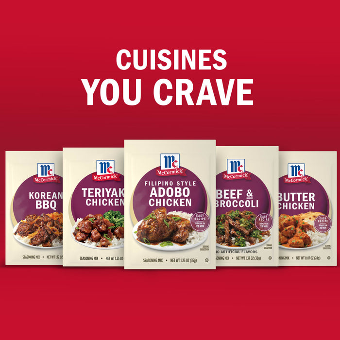 McCormicks Cuisines You Crave features seasoning mixes for Korean BBQ Teriyaki Chicken Filipino Style Adobo Chicken Beef &amp; Broccoli and Butter Chicken.