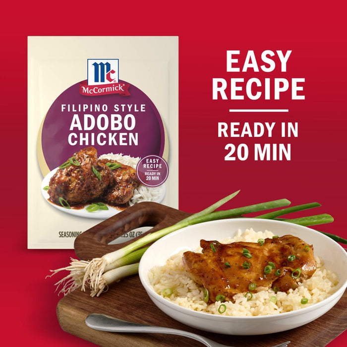 A McCormick Filipino Style Adobo Chicken seasoning packet is displayed next to a bowl of adobo chicken and rice highlighting the easy recipe thats ready in 20 minutes.