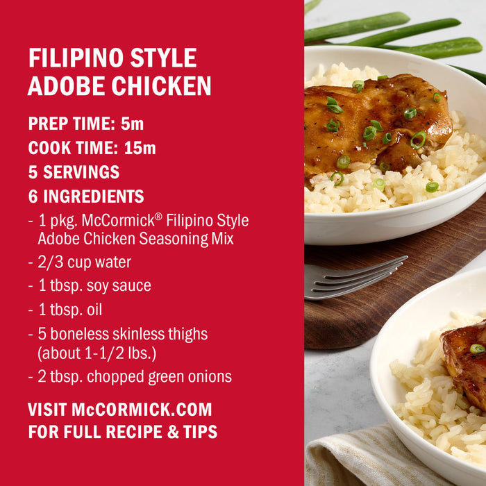 This is an image of a recipe for McCormick Filipino Style Adobe Chicken including the prep and cook time number of servings and ingredients.