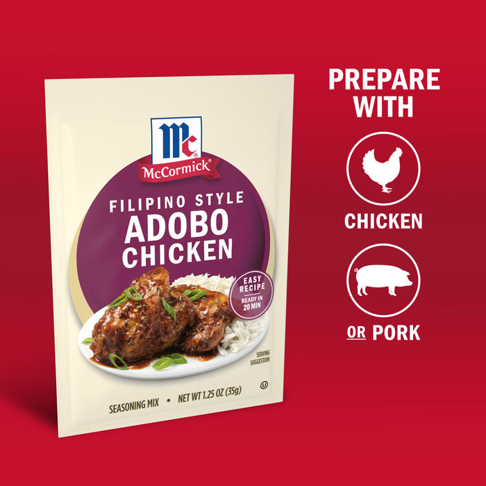 This is a McCormick Filipino Style Adobo Chicken seasoning mix packet which can be used to prepare chicken or pork.