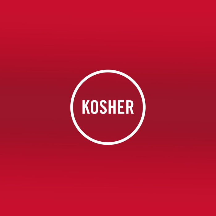 The image displays a Kosher certification symbol, indicating that the product meets Jewish dietary laws.