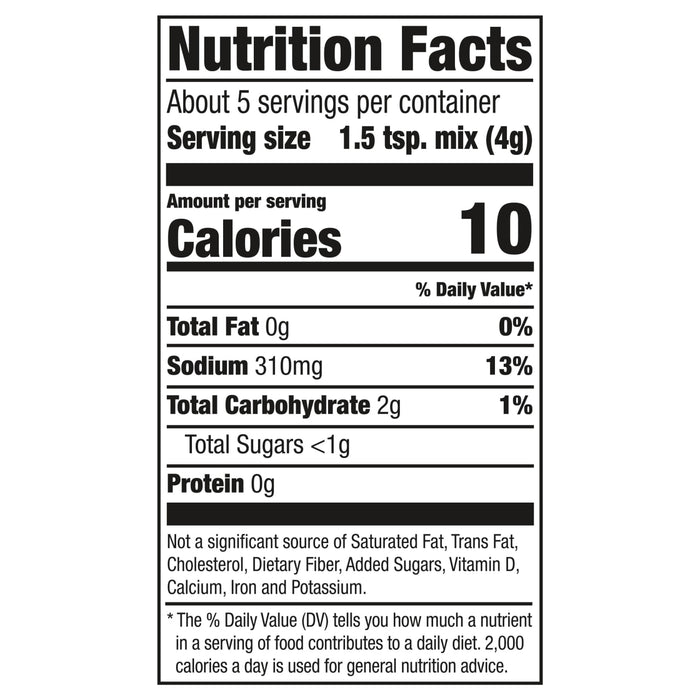 Nutrition facts label showing that one serving contains 10 calories 0g of total fat 310mg of sodium 2g of total carbohydrate less than 1g of total sugars and 0g of protein.