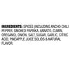 The image displays a list of ingredients including spices like ancho chili pepper smoked paprika annato cumin oregano onion salt sugar garlic citric acid pineapple juice solids and natural flavor.