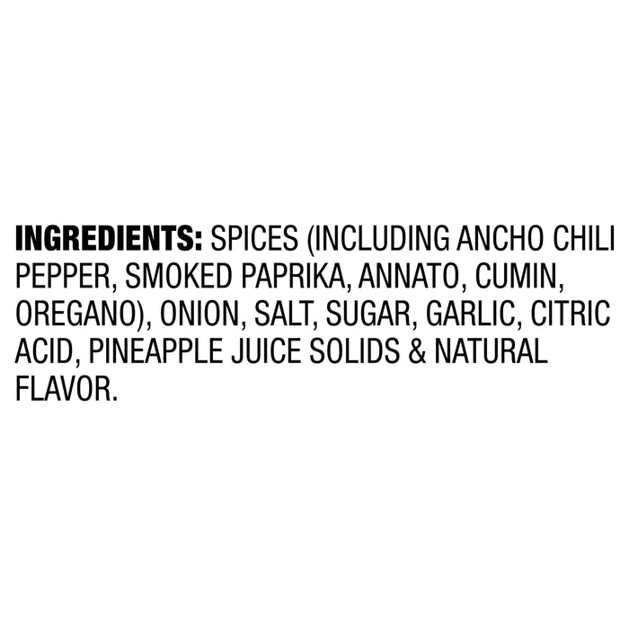 The image displays a list of ingredients including spices like ancho chili pepper smoked paprika annato cumin oregano onion salt sugar garlic citric acid pineapple juice solids and natural flavor.