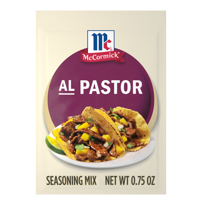 McCormick Al Pastor seasoning mix packet featuring an image of Al Pastor tacos.