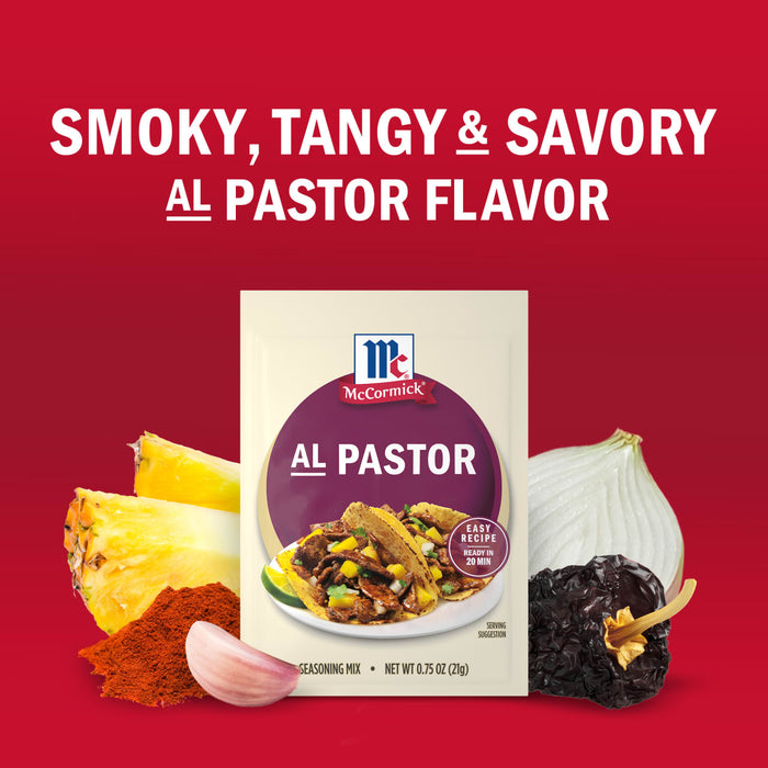 McCormick Al Pastor seasoning mix is shown with pineapple garlic chili powder onion and dried chili peppers highlighting its smoky tangy and savory flavor.