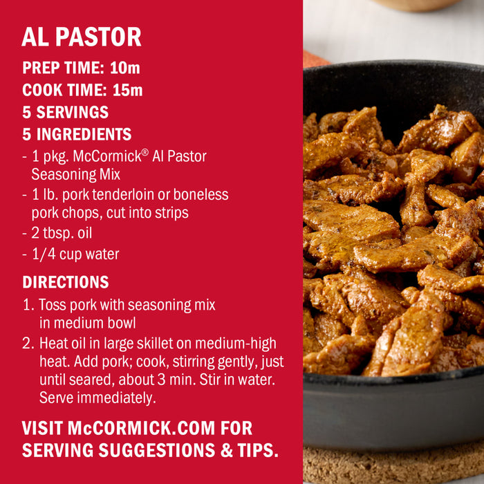 A close-up shot of McCormick Al Pastor seasoned pork in a skillet showcasing a quick and easy recipe.
