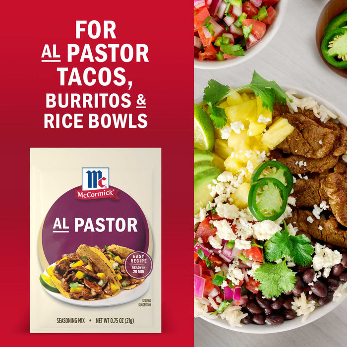 McCormick Al Pastor seasoning mix is advertised for tacos burritos and rice bowls with a photo of a rice bowl featuring the seasoned meat rice black beans pico de gallo pineapple avocado and queso fresco.