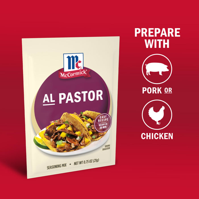 This is a package of McCormick Al Pastor seasoning mix which can be used to prepare pork or chicken.