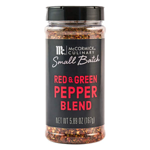 ['A jar of McCormick Culinary Small Batch Red &amp; Green Pepper Blend.']