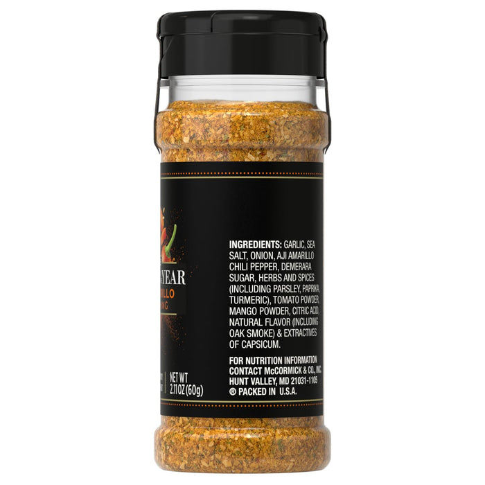 A McCormick Grill Mates seasoning jar with a black lid and a label that says Aji Amarillo Chili Pepper Seasoning