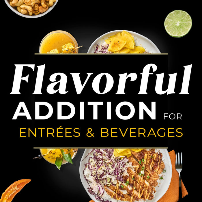 A graphic with the text Flavorful Addition for Entrees &amp; Beverages with images of food and drinks.