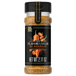 McCormicks 2025 Flavor of the Year Aji Amarillo Seasoning in a glass jar with a black lid.