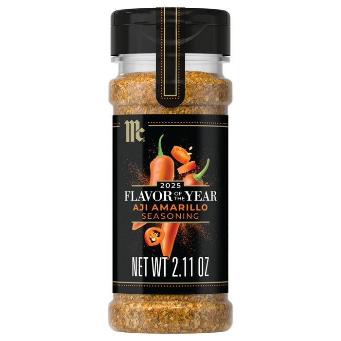 McCormicks 2025 Flavor of the Year Aji Amarillo Seasoning in a glass jar with a black lid.