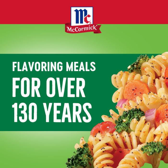 The McCormick logo is displayed above a bowl of pasta salad with broccoli carrots and tomatoes.