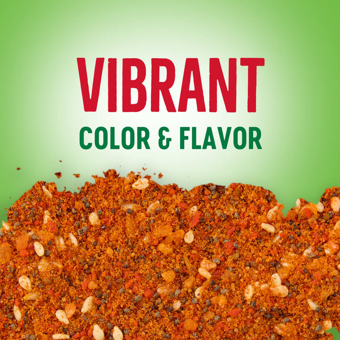 Vibrant red and green text reads Vibrant Color &amp; Flavor above a close-up of a colorful spice blend.