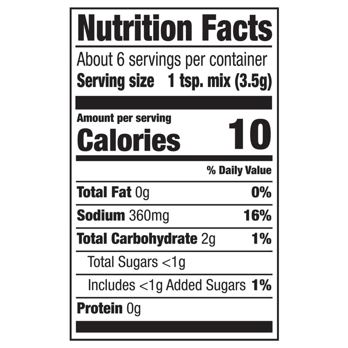 This is a nutrition facts label showing that one teaspoon of the mix contains 10 calories 0g of total fat 360mg of sodium 2g of total carbohydrates less than 1g of total sugars less than 1g of added sugars and 0g of protein.