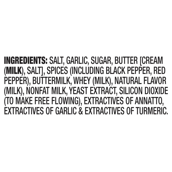 The image displays a list of ingredients including salt garlic sugar butter spices buttermilk whey natural flavor nonfat milk yeast extract silicon dioxide and extractives of annatto garlic and turmeric.