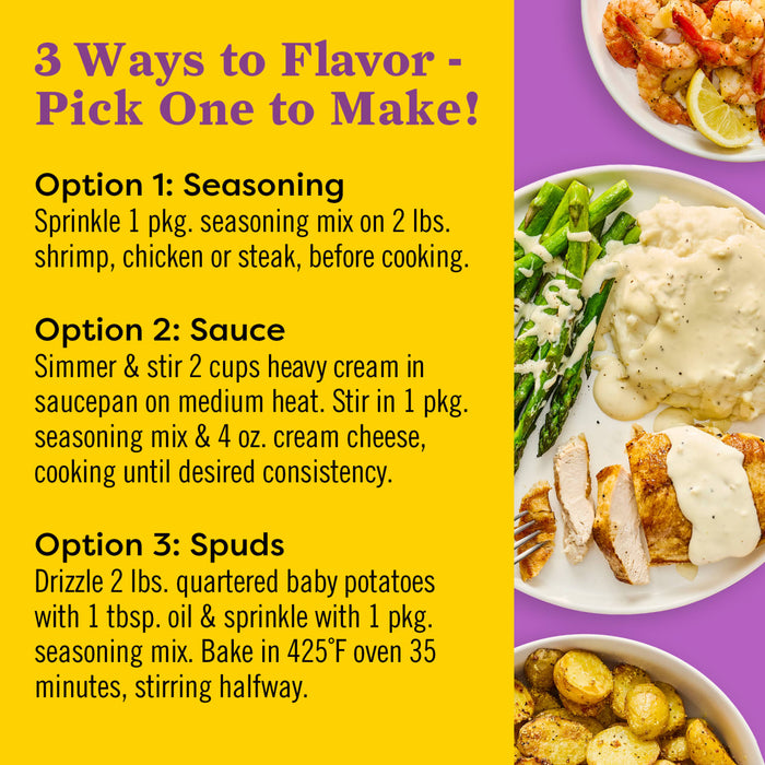 This image provides three different ways to flavor food: seasoning sauce and spuds with instructions for each option.