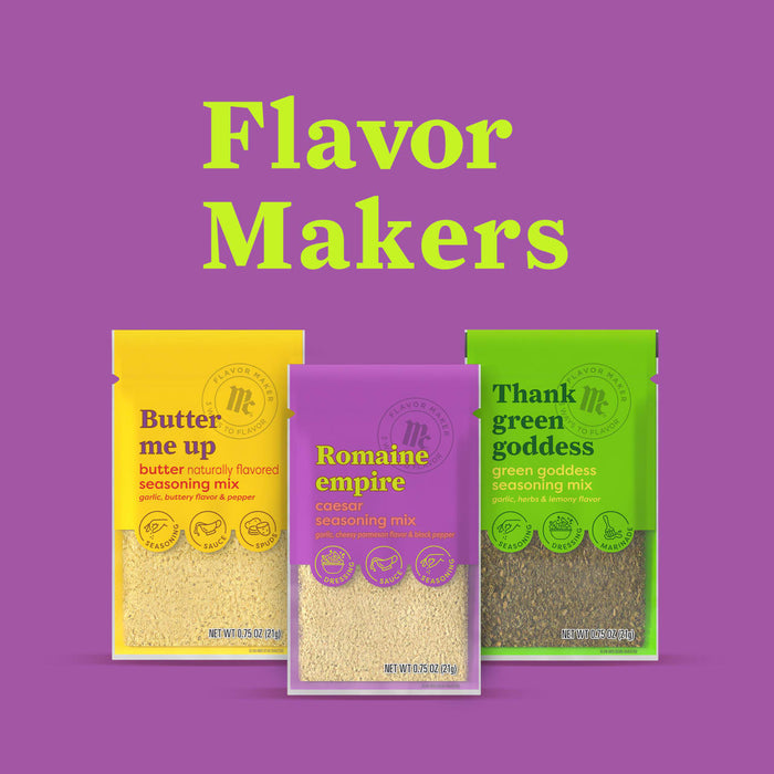 Flavor Makers product line featuring three different seasoning packets in yellow purple and green packaging.