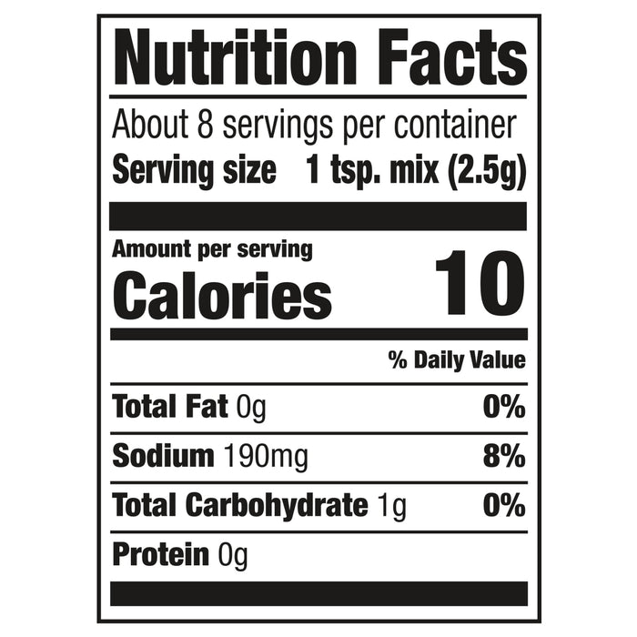Nutrition facts label showing that one teaspoon of mix contains 10 calories 0% total fat 8% sodium 0% total carbohydrate and 0% protein.