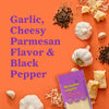 This image showcases the flavors of the product featuring garlic black pepper and Parmesan cheese alongside a package of Ramenesque noodles.