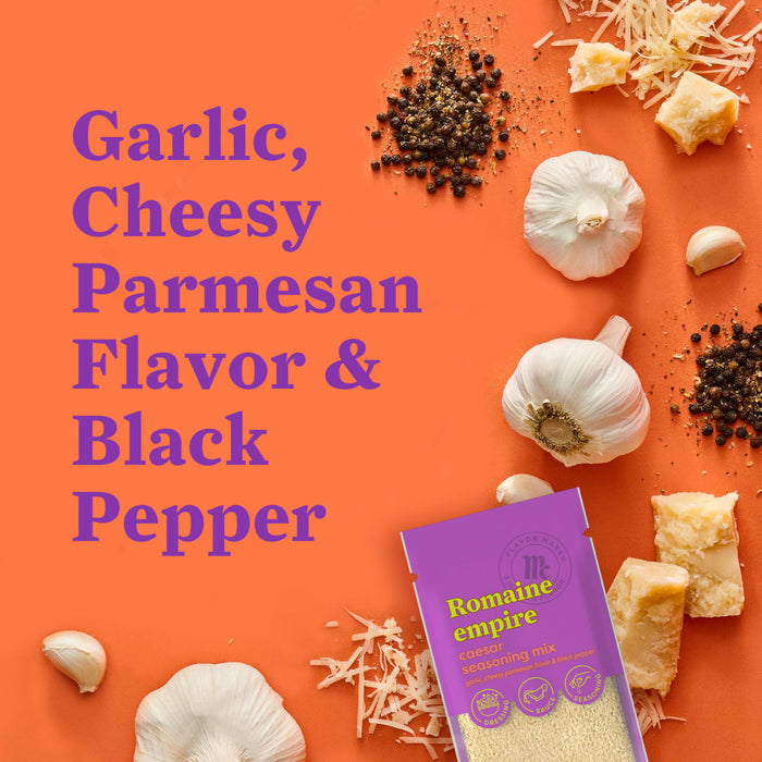 This image showcases the flavors of the product featuring garlic black pepper and Parmesan cheese alongside a package of Ramenesque noodles.