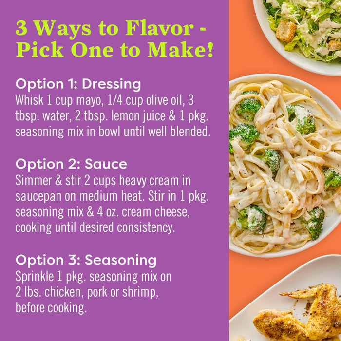 The image shows three different ways to flavor food: dressing sauce and seasoning.