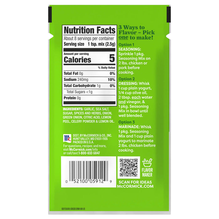A McCormick seasoning packet shows the nutrition facts and three ways to use the seasoning to flavor food.
