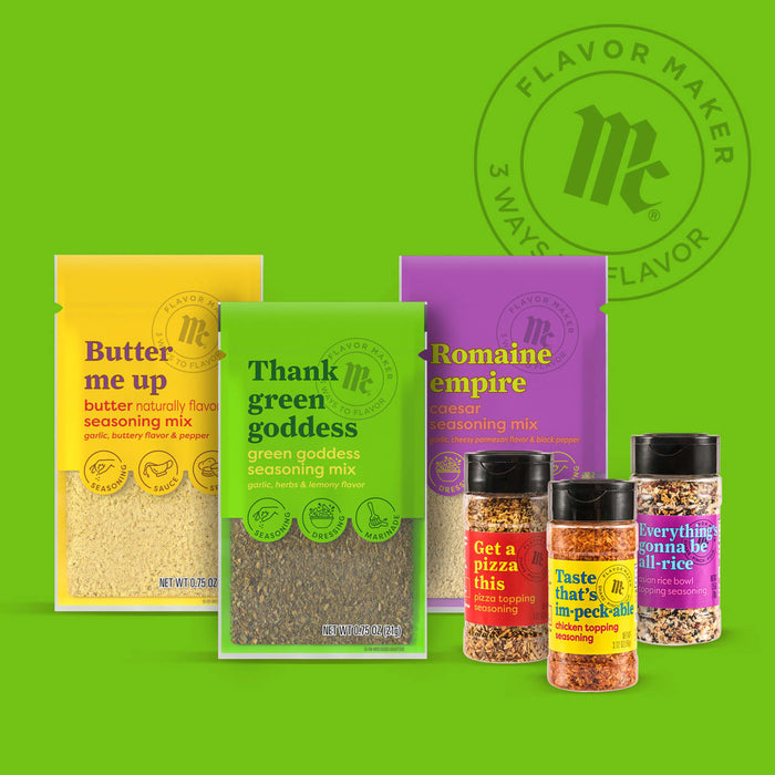 McCormick Flavor Maker spices and seasonings are displayed in colorful packaging showcasing a variety of flavor options.