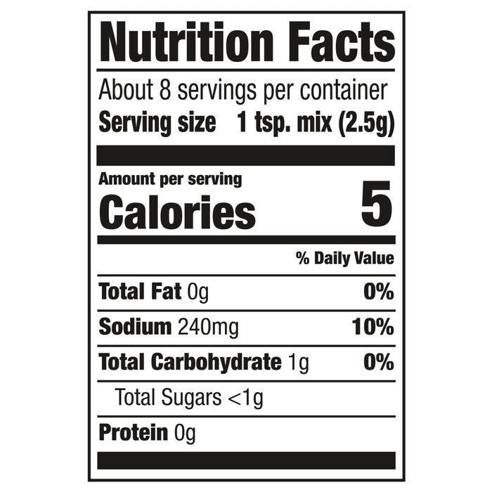 Nutrition facts label showing that one teaspoon of mix contains 5 calories 0% total fat 10% sodium 0% total carbohydrate less than 1g total sugars and 0g protein.