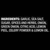 The image displays a list of ingredients in bold white text against a black background including garlic sea salt sugar spices and herbs onion green onion citric acid lemon peel celery powder and lemon oil.