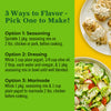 The image provides three different ways to flavor chicken or pork: seasoning dressing and marinade with instructions for each option.