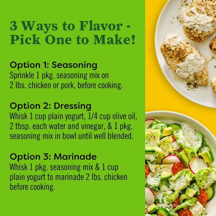 The image provides three different ways to flavor chicken or pork: seasoning dressing and marinade with instructions for each option.