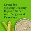 This image promotes a product that is great for making creamy dips to serve with veggies and crackers as shown with celery sticks and a bowl of dip.