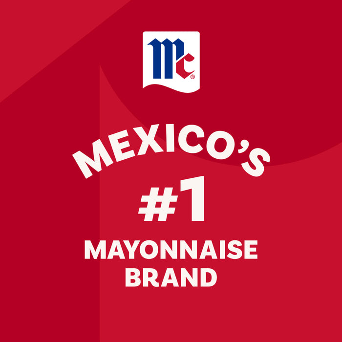 A red promotional graphic displays the McCormick logo above white text declaring it as the number 1 mayonnaise brand in Mexico.