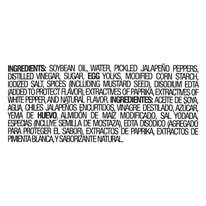 A bilingual ingredients list in English and Spanish detailing the components of a jalapeño flavored condiment including soybean oil, water, pickled jalapeño peppers, and egg yolks.