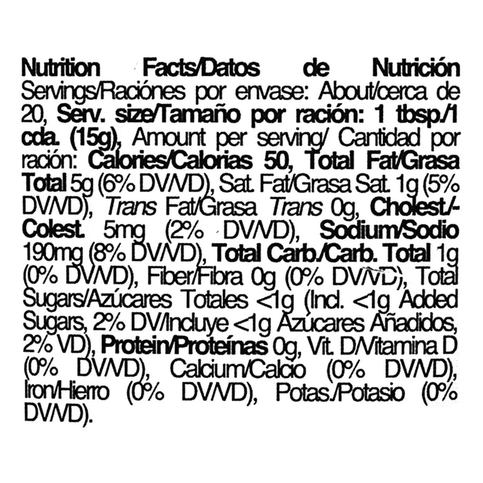 A bilingual English and Spanish nutrition facts label detailing serving size and daily values for various nutrients.