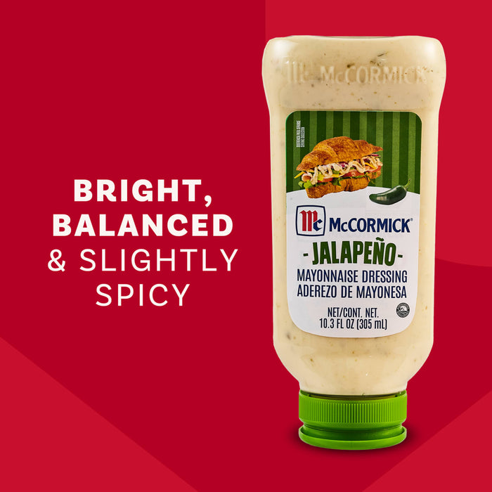 A squeeze bottle of McCormick Jalapeño Mayonnaise Dressing is displayed on a red background next to text describing its bright, balanced and slightly spicy flavor.