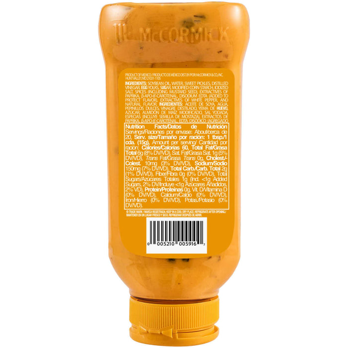 A bottle of sauce with a label containing nutritional information and a barcode.