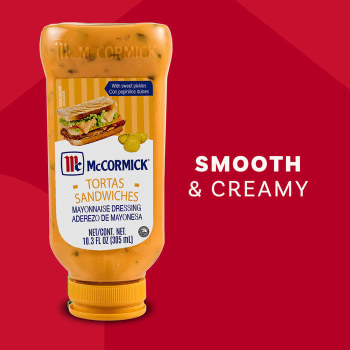 A squeeze bottle of McCormick Tortas Sandwiches Mayonnaise Dressing with sweet pickles is displayed against a red background next to the words SMOOTH and CREAMY.