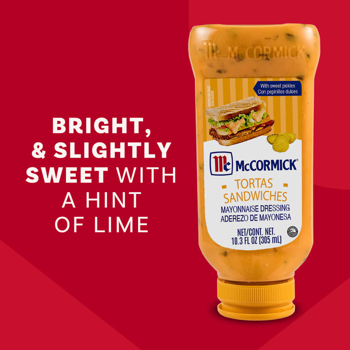 A bottle of McCormick Tortas Sandwiches Mayonnaise Dressing is featured on a red background alongside text describing it as bright and slightly sweet with a hint of lime.