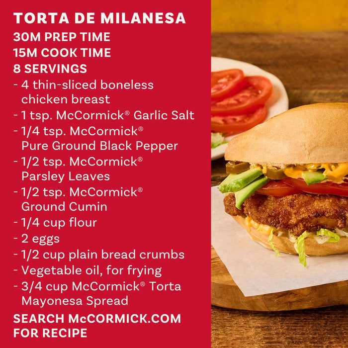 Two Torta de Milanesa sandwiches filled with breaded cutlets, avocado, and tomato sit on a wooden board below text describing them as a delicious Mexican street food inspired sandwich and directing users to search McCormick.com for the recipe.