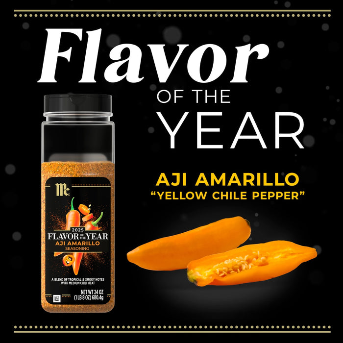 A jar of McCormicks 2025 Flavor of the Year Aji Amarillo seasoning with yellow chili peppers.