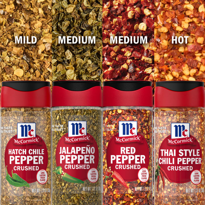 This image shows four different McCormick crushed pepper products ranging from mild Hatch Chile to hot Thai Style Chili Pepper.