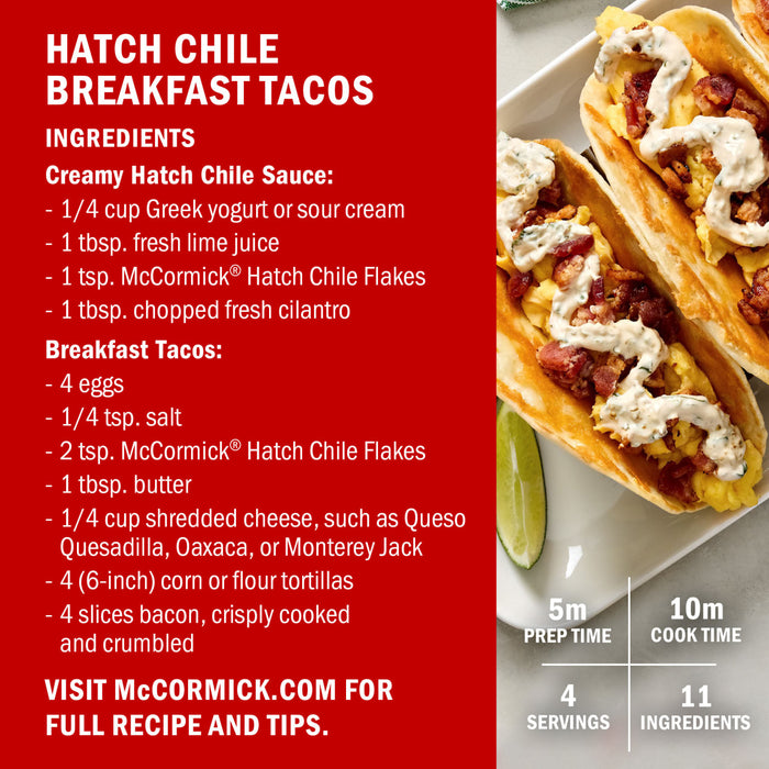 This image features a recipe for McCormick Hatch Chile Breakfast Tacos including a list of ingredients and preparation instructions.
