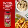 This image features McCormick Hatch Chile Pepper Crushed seasoning alongside suggested uses in dips sauces marinades and egg dishes showcasing a bowl of dip and egg tacos.