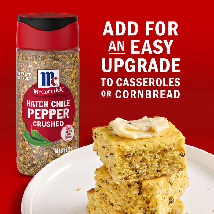 A jar of McCormick Hatch Chile Pepper next to a stack of cornbread advertising it as an easy upgrade to casseroles or cornbread.